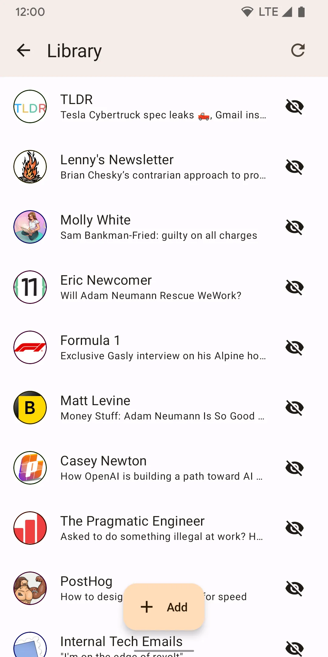 Screenshot of the Feedo app showing the list of email newsletters the user is subscribed to.